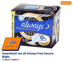 Action Scopri di più assorbenti con ali always free secure Night offerta