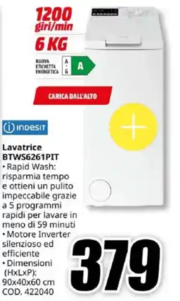 MediaWorld INDESIT Lavatrice BTWS6261PIT offerta