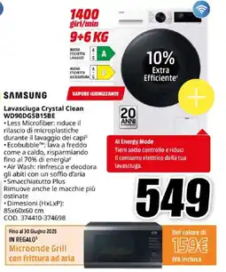 MediaWorld SAMSUNG Lavasciuga Crystal Clean WD90DG5B15BE offerta