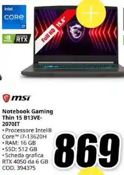 MediaWorld msi Notebook Gaming Thin 15 B13VE-2070IT offerta