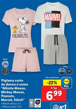Lidl Pigiama corto da donna o uomo "Minnie Mouse, Mickey Mouse, Peanuts, Marvel, Stitch" offerta