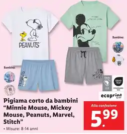 Lidl Pigiama corto da bambini "Minnie Mouse, Mickey Mouse, Peanuts, Marvel, Stitch" offerta