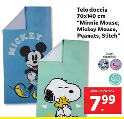 Lidl Telo doccia 70x140 cm "Minnie Mouse, Mickey Mouse, Peanuts, Stitch" offerta