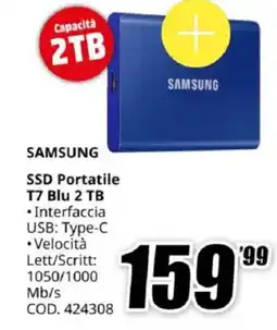 MediaWorld SAMSUNG SSD Portatile T7 Blu 2 TB offerta