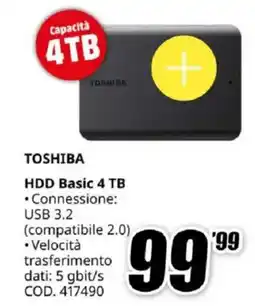 MediaWorld TOSHIBA HDD Basic 4 TB offerta