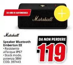 MediaWorld Marshall Speaker Bluetooth Emberton III offerta