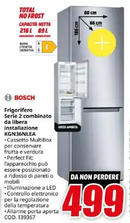 MediaWorld BOSCH Frigorifero Serie 2 combinato da libera installazione KGN36NLEA offerta