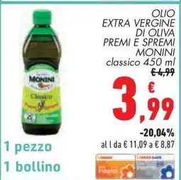Conad OLIO EXTRA VERGINE DI OLIVA PREMI E SPREMI MONINI classico 450 ml offerta