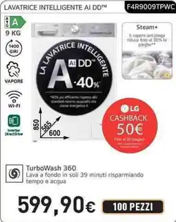Unieuro LG lavatrice intelligente ai DD F4R9009TPWC offerta