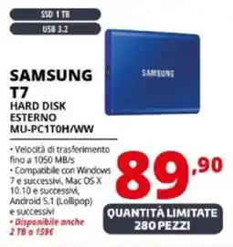 Comet SAMSUNG T7 HARD DISK ESTERNO MU-PC1T0H/WW offerta