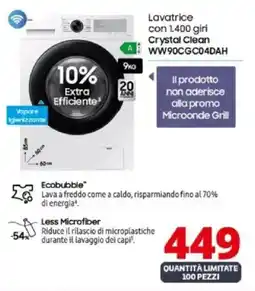 Comet SAMSUNG Lavatrice con 1,400 giri Crystal Clean WW90CGC04DAH offerta