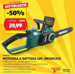 ALDI Ferrex motosega a batteria 40v, brushless offerta