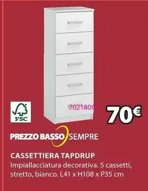 JYSK Cassettiera 5 cassetti tapdrup stretta bianca offerta
