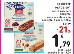 Spazio Conad Barrette HERO LIGHT senza zuccheri aggiunti, con cioccolato, con nocciole 6 pezzi offerta