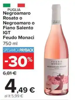 Carrefour Negroamaro Rosato o Negroamaro o Fiano Salento IGT Feudo Monaci offerta