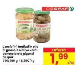 Eurospar Carciofini tagliati in olio di girasole o Olive verdi denocciolate giganti Despar offerta