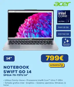 Euronics acer NOTEBOOK SWIFT GO 14 SFG14-73-73TU 14" offerta