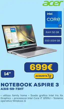 Euronics acer NOTEBOOK ASPIRE 3 A315-59-73HT offerta
