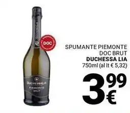 Supermercati Gulliver Spumante piemonte doc brut DUCHESSA LIA offerta