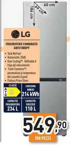 Unieuro LG frigorifero combinato GBV3100DPY offerta