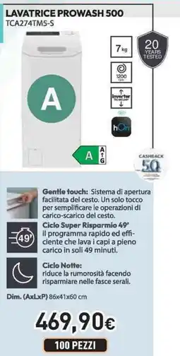 Unieuro CANDY 80 Lavatrice prowash 500 TCA274TM5-S offerta