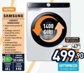 Unieuro Ww80t554dae lavatrice 8 kg addwash ai control libera installazione caricamento frontale 1400 giri/min bianco offerta