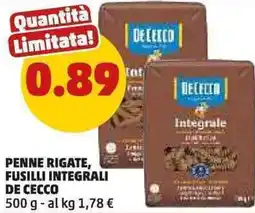 PENNY Penne rigate, fusilli integrali DE CECCO offerta