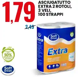 Eurospin Soft Dream asciugatutto extra 2 rotoli, 3 veli, 100 strappi offerta
