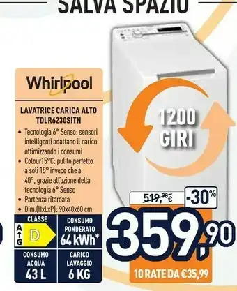 Unieuro Tdlr 6230s it/n lavatrice caricamento dall'alto 6 kg 1200 giri/min d bianco offerta