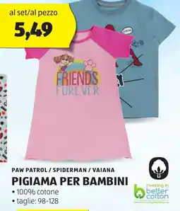 ALDI Paw patrol / spiderman / vaiana pigiama per bambini offerta