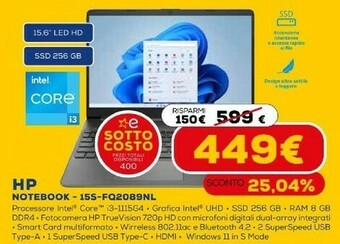 Euronics 15s-fq2089nl computer portatile 39,6 cm (15.6") hd intel® core™ i3 di undicesima generazione 8 gb ddr4-sdram 256 gb ssd wi-fi offerta