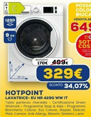 Euronics Eu nr 429g ww it lavatrice caricamento frontale 9 kg 1200 giri/min bianco offerta