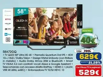 Euronics Tv qled 58a72gq offerta