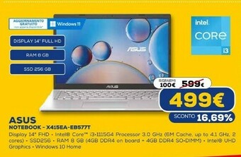Euronics X415ea-eb577t computer portatile 35,6 cm (14") full hd intel® core™ i3 di undicesima generazione 8 gb ddr4-sdram 256 gb ssd w offerta