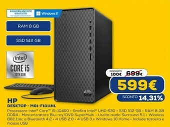 Euronics M01-f1011nl ddr4-sdram i5-10400 mini tower intel® core™ i5 di decima generazione 8 gb 512 gb ssd windows 10 home pc nero offerta