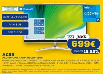 Euronics Aspire c24-1650 60,5 cm (23.8") 1920 x 1080 pixel intel® core™ i3 di undicesima generazione 8 gb ddr4-sdram 512 gb ssd window offerta