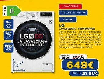 Euronics F4dv509h0e lavasciuga intelligente aidd 9/6kg vapore turbowash 1400 giri/min carica frontale classe e offerta