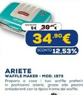 Euronics 00c197301ar0 piastra per waffle 2 waffle 700 w blu offerta
