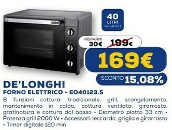 Euronics Delonghi eo 40123.s 40 l nero grill 2000 w offerta