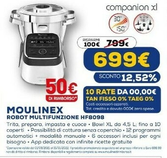 Euronics Hf8098 companion xl, robot da cucina multifunzione, 12 programmi automatici, 6 accessori, recipiente 3l, intervallo di temper offerta