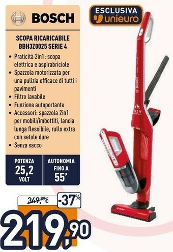Serie 4 bbh3zoo25 scopa elettrica senza sacchetto rosso 0,4 l