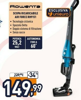 Unieuro Air force rh9151wo scopa elettrica senza sacchetto blu, grigio 0,5 l offerta