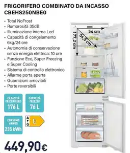 Unieuro Electroline frigorifero combinato da incasso CBEHS250NBEO offerta