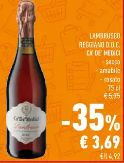 Conad Superstore Lambrusco reggiano d.o.c. ca' de' medici secco amabile rosato offerta