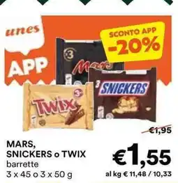 Unes MARS, SNICKERS TWIX barrette offerta