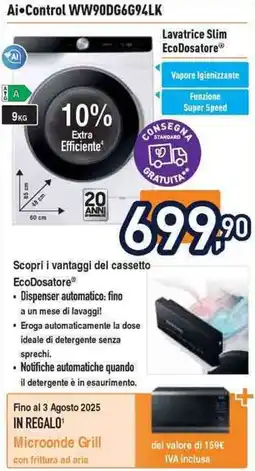 Unieuro Ai Control WW90DG6G94LK Lavatrice Slim EcoDosatore offerta