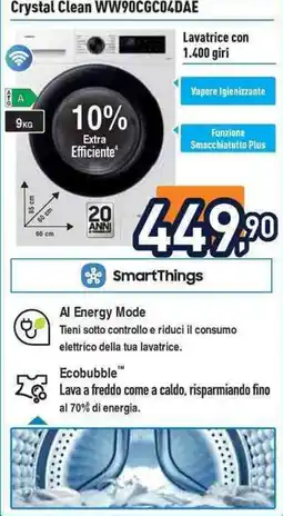 Unieuro Crystal Clean WW90CGC04DAE Lavatrice con 1.400 giri offerta