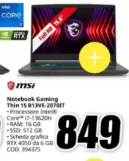 MediaWorld msi Notebook Gaming Thin 15 B13VE-2070IT offerta