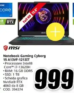 MediaWorld msi Notebook Gaming Cyborg 15 A13VF-1213IT offerta