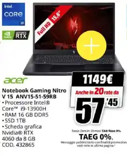 MediaWorld acer Notebook Gaming Nitro V 15 ANV15-51-59RB offerta